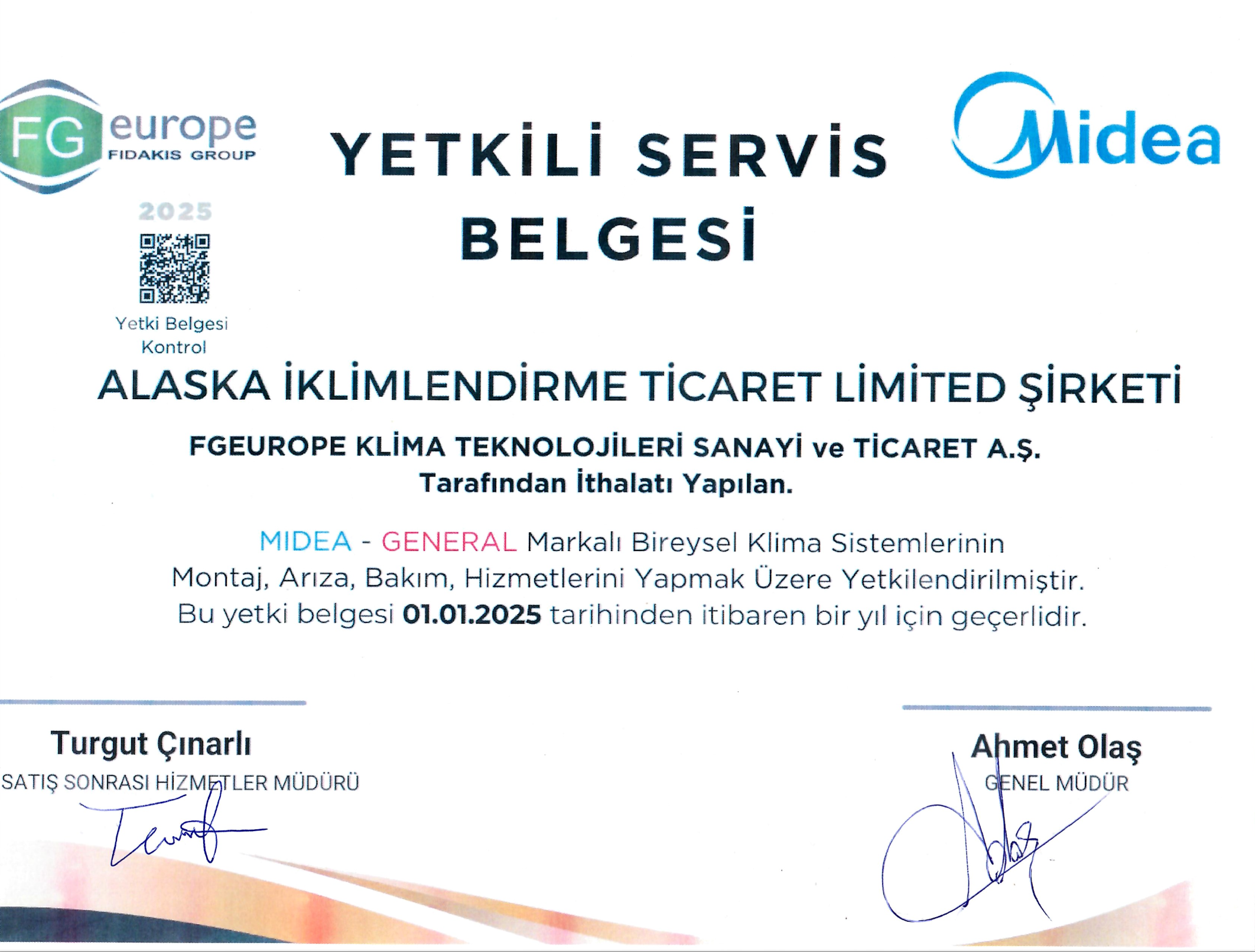 Alaska İklimlendirme FG EUROPE Midea Türkiye Distrübütörü Yetkili Servis Belgesi
